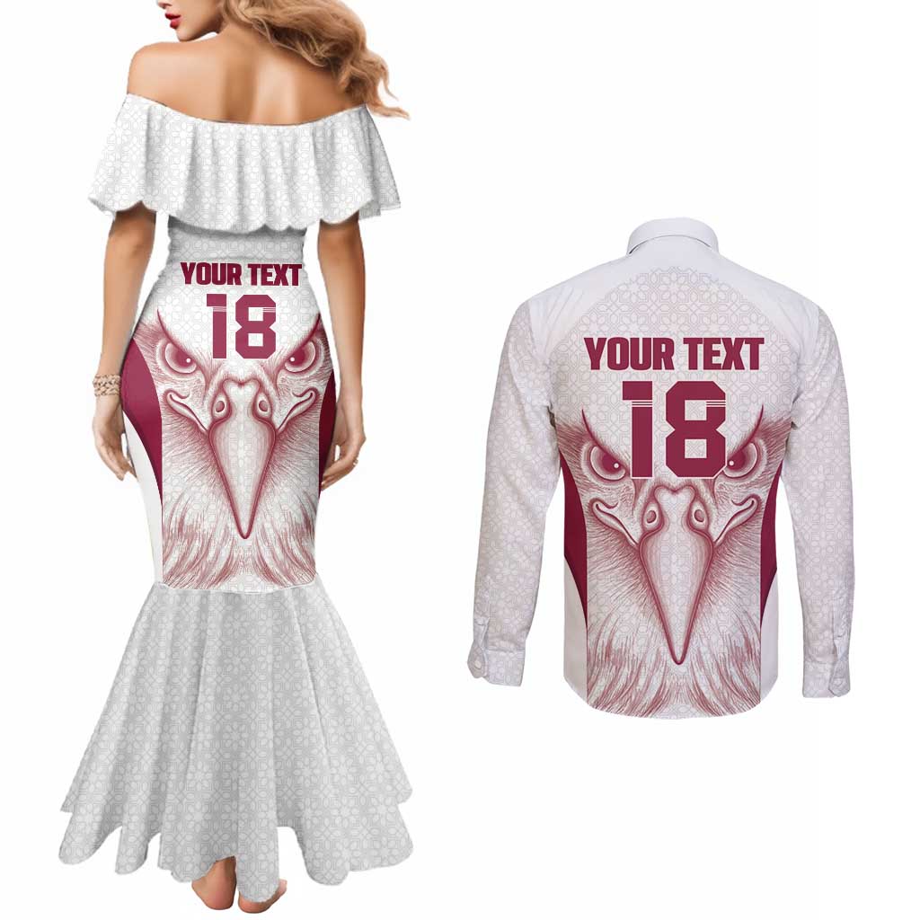 Custom Qatar Football Couples Matching Mermaid Dress and Long Sleeve Button Shirt Maroon Falcon Spirit White Version - Wonder Print Shop