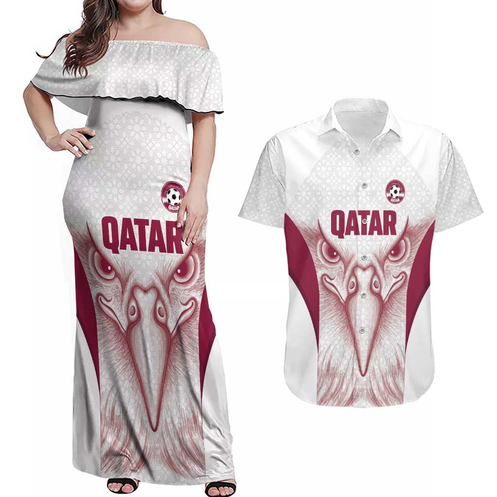 Custom Qatar Football Couples Matching Off Shoulder Maxi Dress and Hawaiian Shirt Maroon Falcon Spirit White Version - Wonder Print Shop