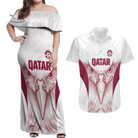 Custom Qatar Football Couples Matching Off Shoulder Maxi Dress and Hawaiian Shirt Maroon Falcon Spirit White Version - Wonder Print Shop
