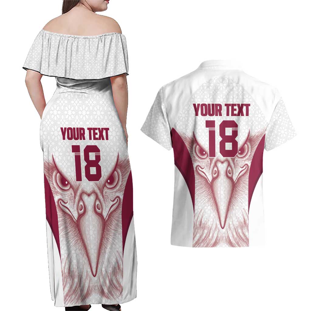 Custom Qatar Football Couples Matching Off Shoulder Maxi Dress and Hawaiian Shirt Maroon Falcon Spirit White Version - Wonder Print Shop