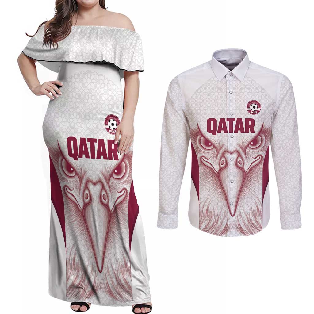 Custom Qatar Football Couples Matching Off Shoulder Maxi Dress and Long Sleeve Button Shirt Maroon Falcon Spirit White Version - Wonder Print Shop