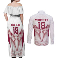 Custom Qatar Football Couples Matching Off Shoulder Maxi Dress and Long Sleeve Button Shirt Maroon Falcon Spirit White Version - Wonder Print Shop