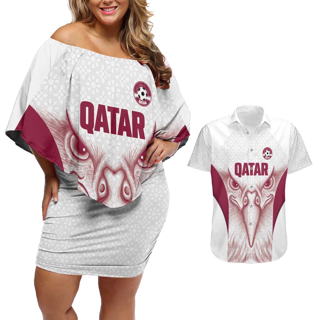 Custom Qatar Football Couples Matching Off Shoulder Short Dress and Hawaiian Shirt Maroon Falcon Spirit White Version - Wonder Print Shop