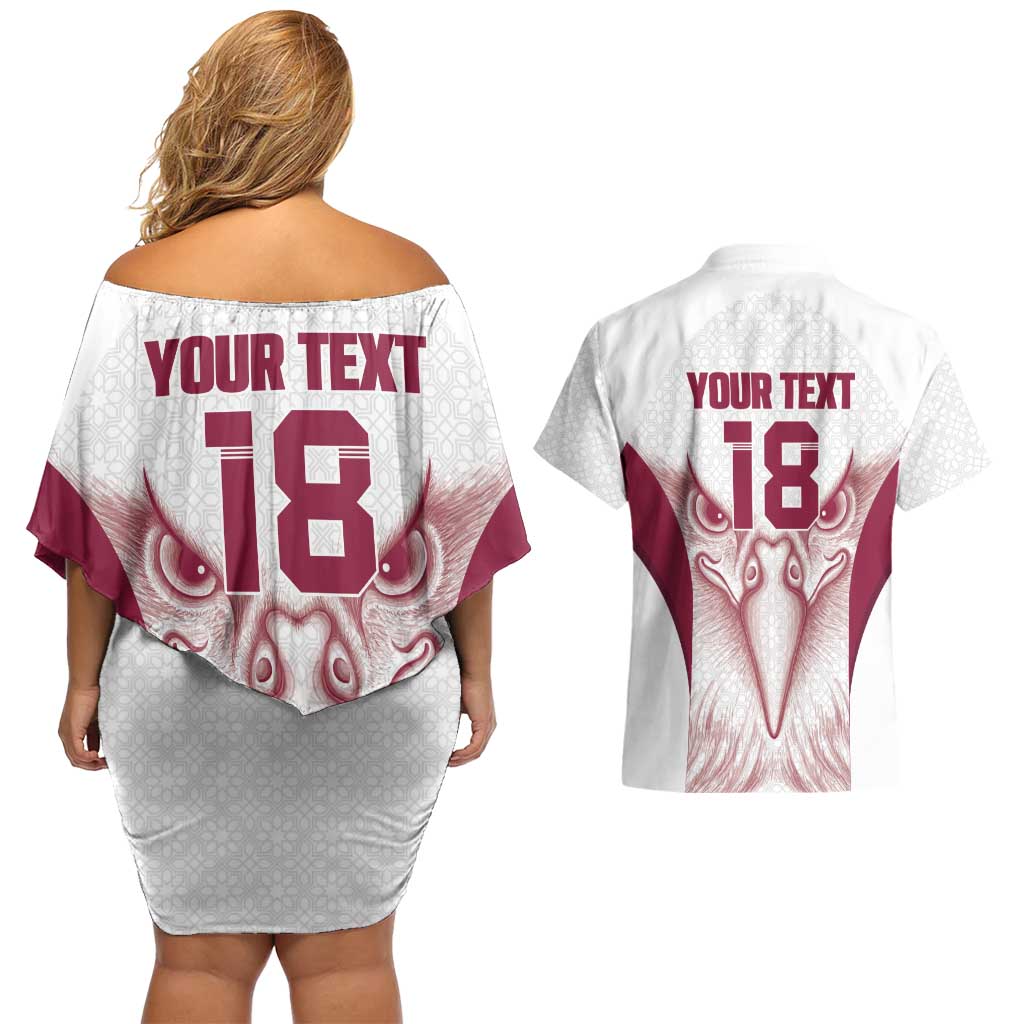 Custom Qatar Football Couples Matching Off Shoulder Short Dress and Hawaiian Shirt Maroon Falcon Spirit White Version - Wonder Print Shop