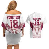 Custom Qatar Football Couples Matching Off Shoulder Short Dress and Hawaiian Shirt Maroon Falcon Spirit White Version - Wonder Print Shop