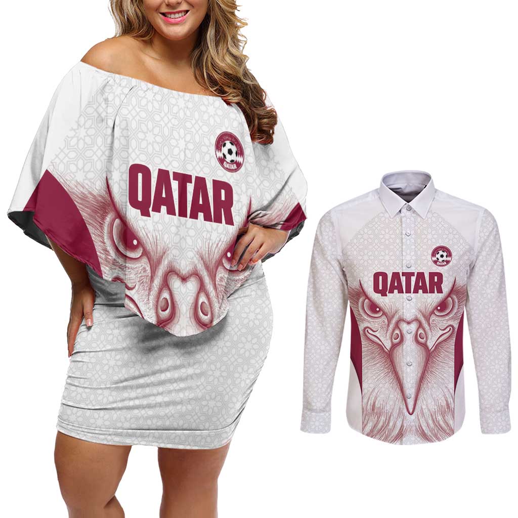 Custom Qatar Football Couples Matching Off Shoulder Short Dress and Long Sleeve Button Shirt Maroon Falcon Spirit White Version - Wonder Print Shop