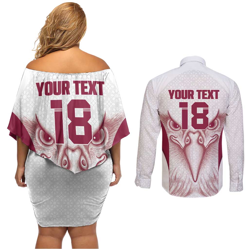 Custom Qatar Football Couples Matching Off Shoulder Short Dress and Long Sleeve Button Shirt Maroon Falcon Spirit White Version - Wonder Print Shop