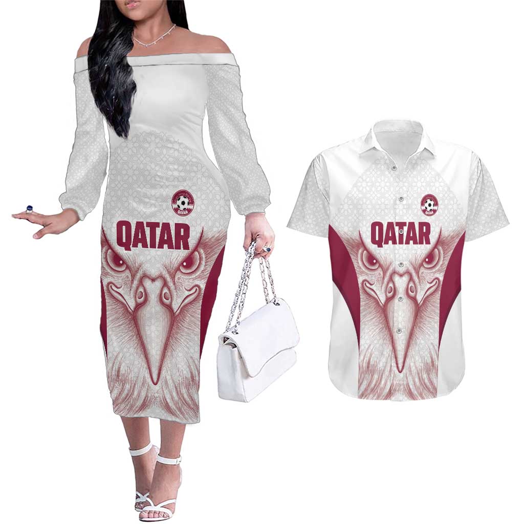 Custom Qatar Football Couples Matching Off The Shoulder Long Sleeve Dress and Hawaiian Shirt Maroon Falcon Spirit White Version - Wonder Print Shop