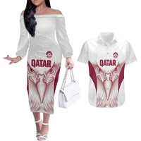 Custom Qatar Football Couples Matching Off The Shoulder Long Sleeve Dress and Hawaiian Shirt Maroon Falcon Spirit White Version - Wonder Print Shop