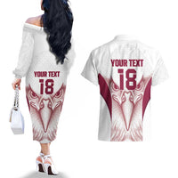 Custom Qatar Football Couples Matching Off The Shoulder Long Sleeve Dress and Hawaiian Shirt Maroon Falcon Spirit White Version - Wonder Print Shop