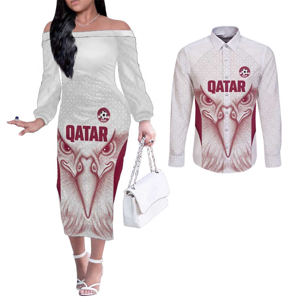 Custom Qatar Football Couples Matching Off The Shoulder Long Sleeve Dress and Long Sleeve Button Shirt Maroon Falcon Spirit White Version - Wonder Print Shop
