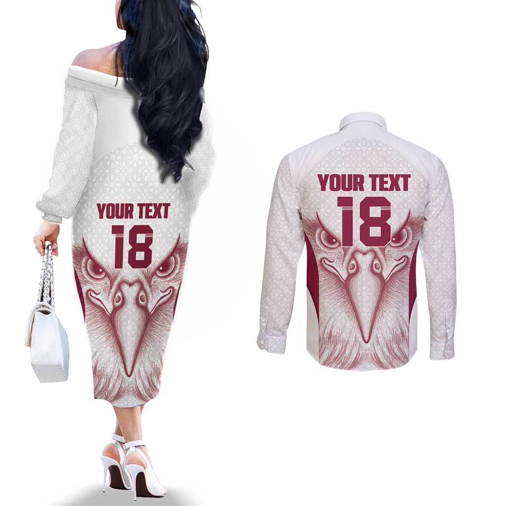 Custom Qatar Football Couples Matching Off The Shoulder Long Sleeve Dress and Long Sleeve Button Shirt Maroon Falcon Spirit White Version - Wonder Print Shop