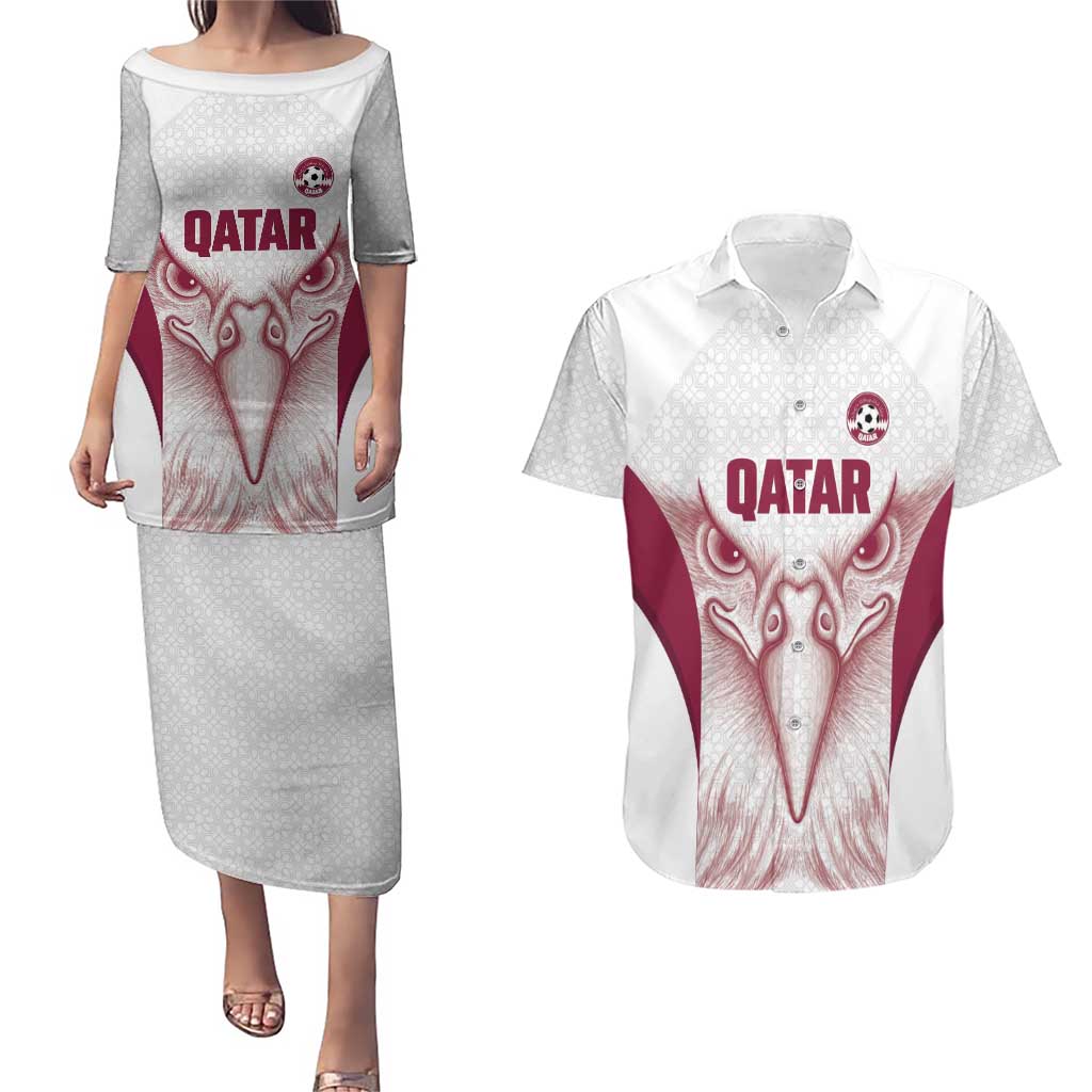 Custom Qatar Football Couples Matching Puletasi and Hawaiian Shirt Maroon Falcon Spirit White Version - Wonder Print Shop