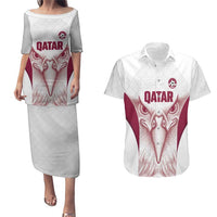 Custom Qatar Football Couples Matching Puletasi and Hawaiian Shirt Maroon Falcon Spirit White Version - Wonder Print Shop