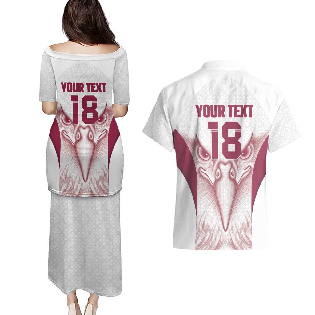 Custom Qatar Football Couples Matching Puletasi and Hawaiian Shirt Maroon Falcon Spirit White Version - Wonder Print Shop