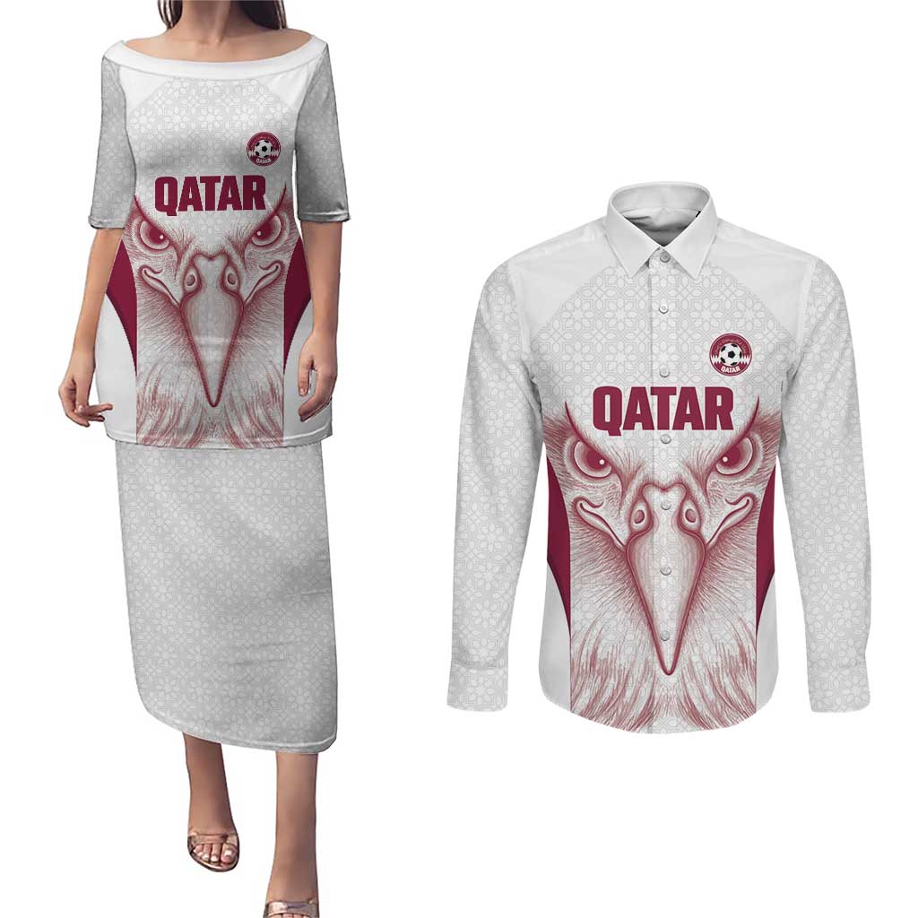 Custom Qatar Football Couples Matching Puletasi and Long Sleeve Button Shirt Maroon Falcon Spirit White Version - Wonder Print Shop