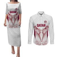 Custom Qatar Football Couples Matching Puletasi and Long Sleeve Button Shirt Maroon Falcon Spirit White Version - Wonder Print Shop