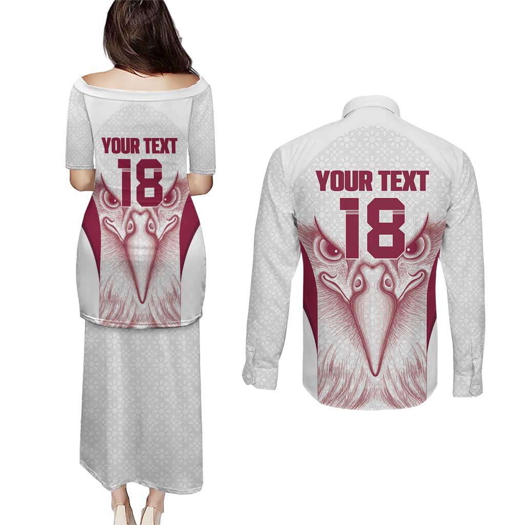 Custom Qatar Football Couples Matching Puletasi and Long Sleeve Button Shirt Maroon Falcon Spirit White Version - Wonder Print Shop