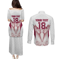 Custom Qatar Football Couples Matching Puletasi and Long Sleeve Button Shirt Maroon Falcon Spirit White Version - Wonder Print Shop