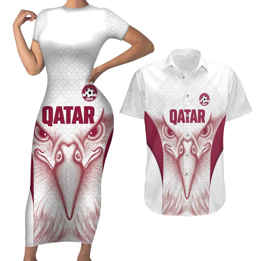 Custom Qatar Football Couples Matching Short Sleeve Bodycon Dress and Hawaiian Shirt Maroon Falcon Spirit White Version - Wonder Print Shop