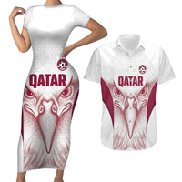 Custom Qatar Football Couples Matching Short Sleeve Bodycon Dress and Hawaiian Shirt Maroon Falcon Spirit White Version - Wonder Print Shop