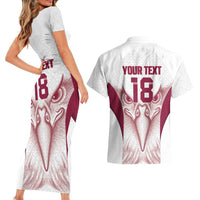 Custom Qatar Football Couples Matching Short Sleeve Bodycon Dress and Hawaiian Shirt Maroon Falcon Spirit White Version - Wonder Print Shop
