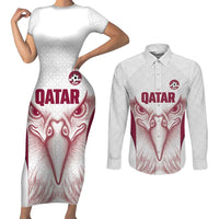 Custom Qatar Football Couples Matching Short Sleeve Bodycon Dress and Long Sleeve Button Shirt Maroon Falcon Spirit White Version - Wonder Print Shop