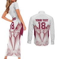 Custom Qatar Football Couples Matching Short Sleeve Bodycon Dress and Long Sleeve Button Shirt Maroon Falcon Spirit White Version - Wonder Print Shop