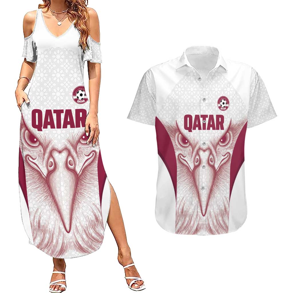 Custom Qatar Football Couples Matching Summer Maxi Dress and Hawaiian Shirt Maroon Falcon Spirit White Version - Wonder Print Shop