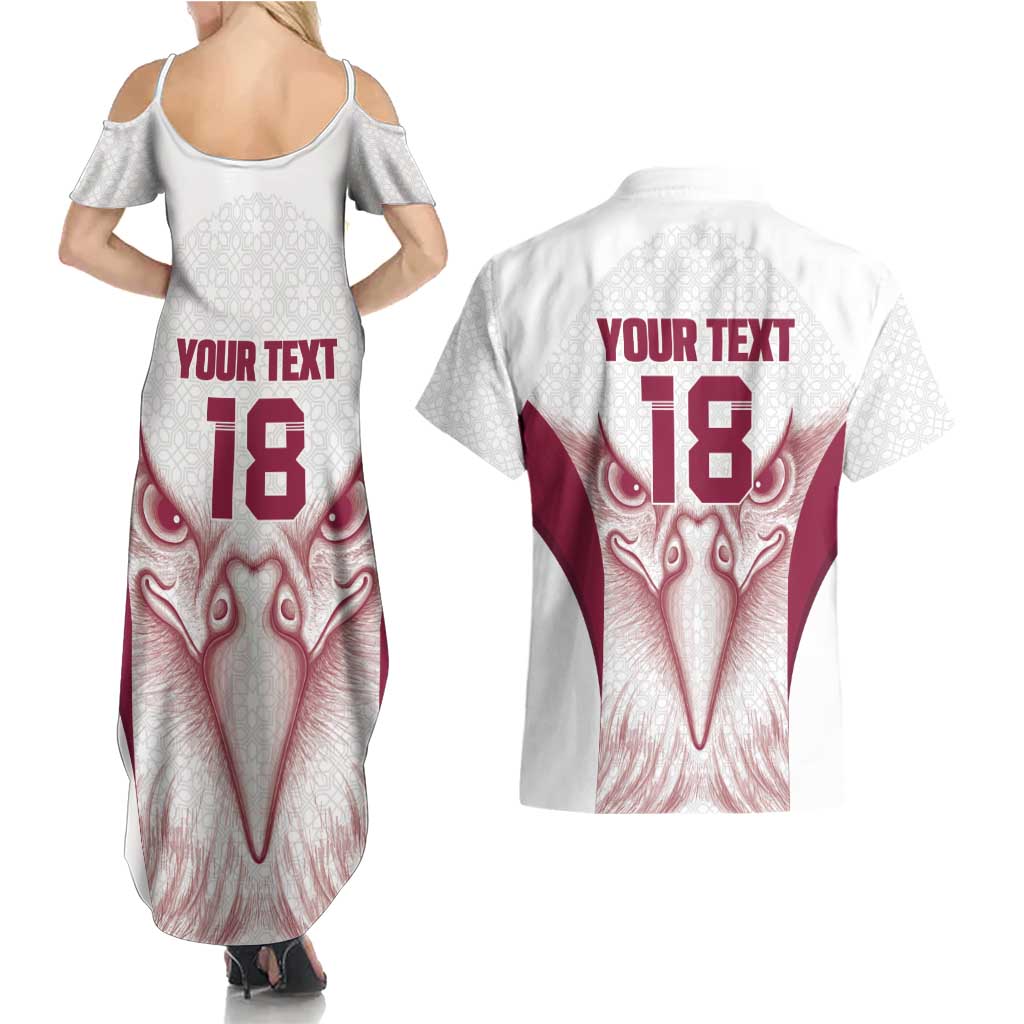 Custom Qatar Football Couples Matching Summer Maxi Dress and Hawaiian Shirt Maroon Falcon Spirit White Version - Wonder Print Shop