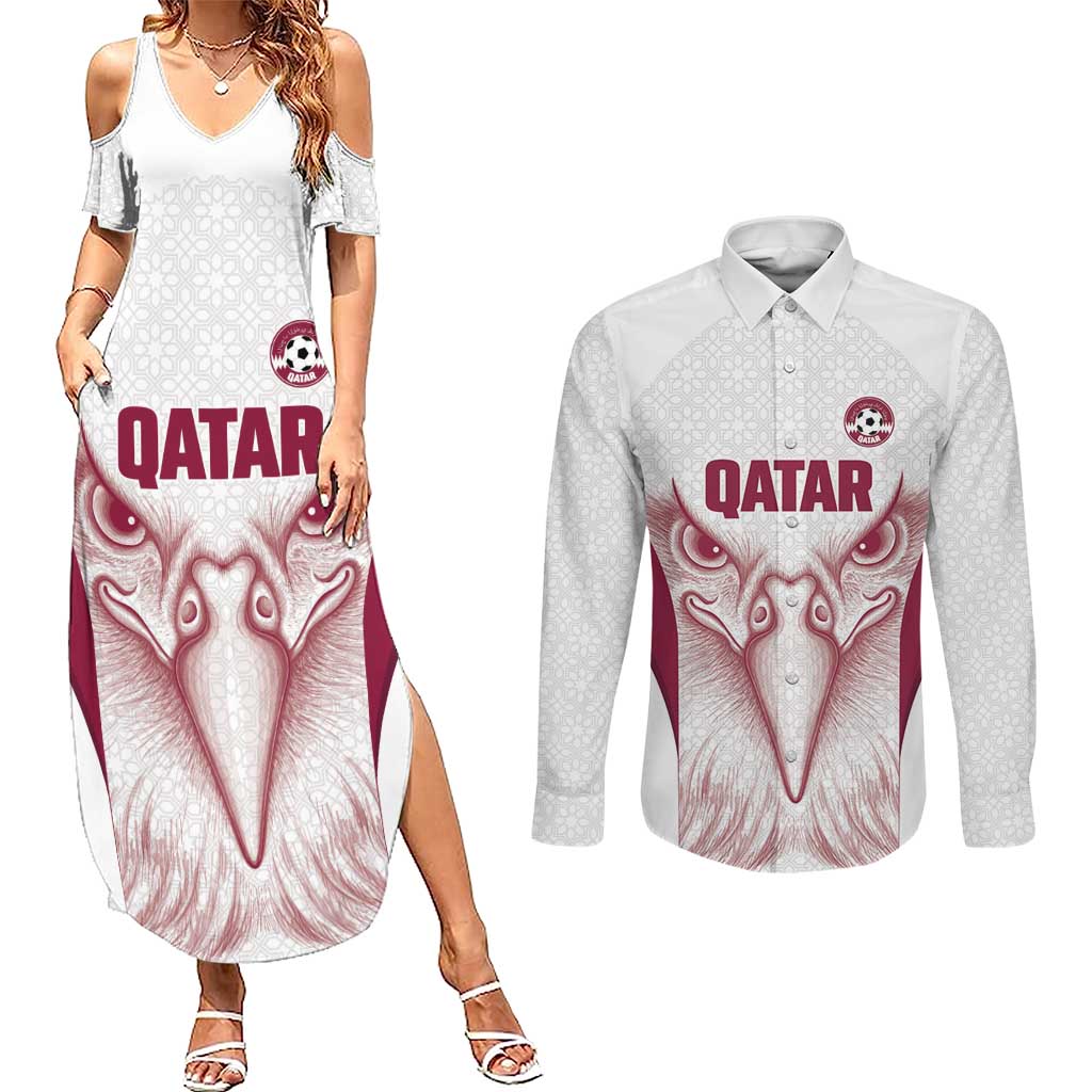 Custom Qatar Football Couples Matching Summer Maxi Dress and Long Sleeve Button Shirt Maroon Falcon Spirit White Version - Wonder Print Shop