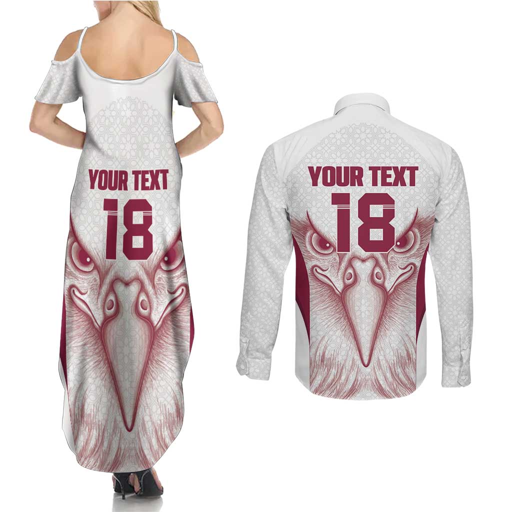 Custom Qatar Football Couples Matching Summer Maxi Dress and Long Sleeve Button Shirt Maroon Falcon Spirit White Version - Wonder Print Shop