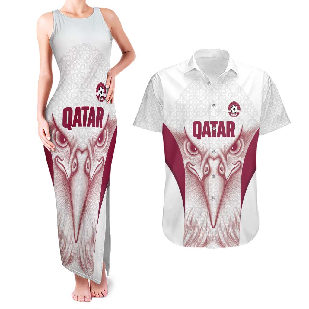 Custom Qatar Football Couples Matching Tank Maxi Dress and Hawaiian Shirt Maroon Falcon Spirit White Version - Wonder Print Shop