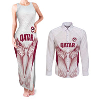 Custom Qatar Football Couples Matching Tank Maxi Dress and Long Sleeve Button Shirt Maroon Falcon Spirit White Version - Wonder Print Shop