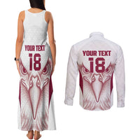 Custom Qatar Football Couples Matching Tank Maxi Dress and Long Sleeve Button Shirt Maroon Falcon Spirit White Version - Wonder Print Shop