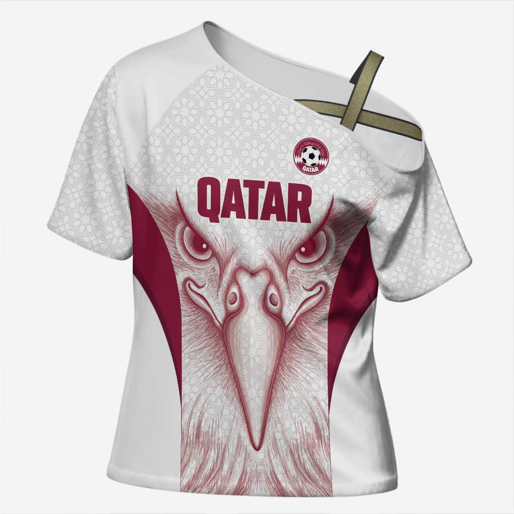 Custom Qatar Football Cross Shoulder Shirt Maroon Falcon Spirit White Version - Wonder Print Shop