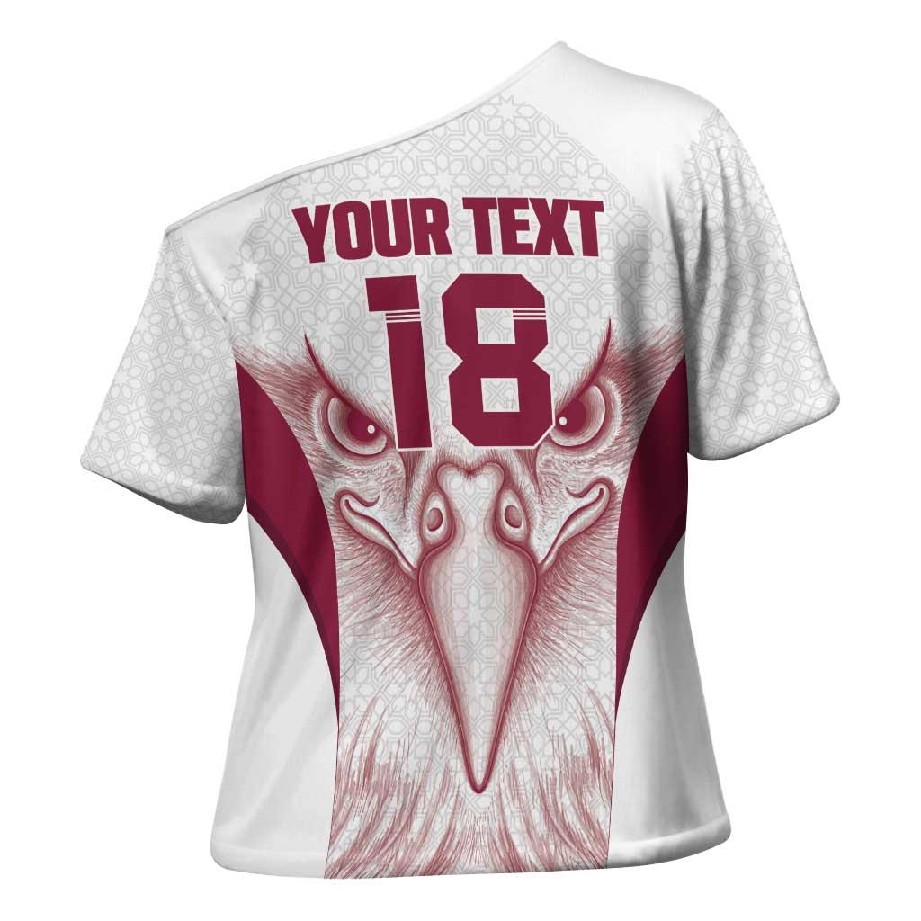 Custom Qatar Football Cross Shoulder Shirt Maroon Falcon Spirit White Version - Wonder Print Shop
