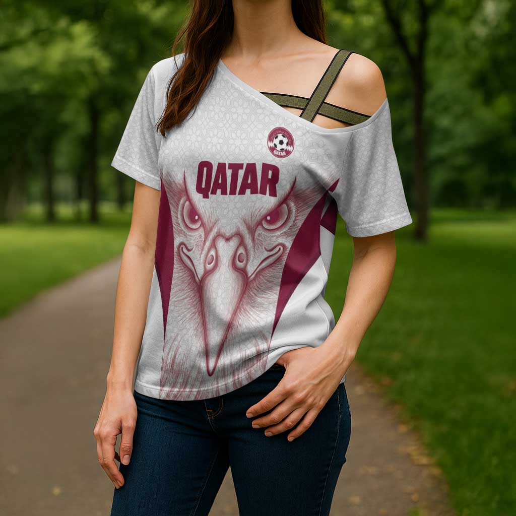 Custom Qatar Football Cross Shoulder Shirt Maroon Falcon Spirit White Version - Wonder Print Shop