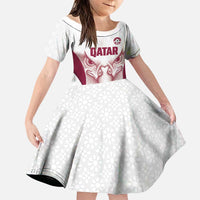 Custom Qatar Football Family Matching Long Sleeve Bodycon Dress and Hawaiian Shirt Maroon Falcon Spirit White Version - Wonder Print Shop