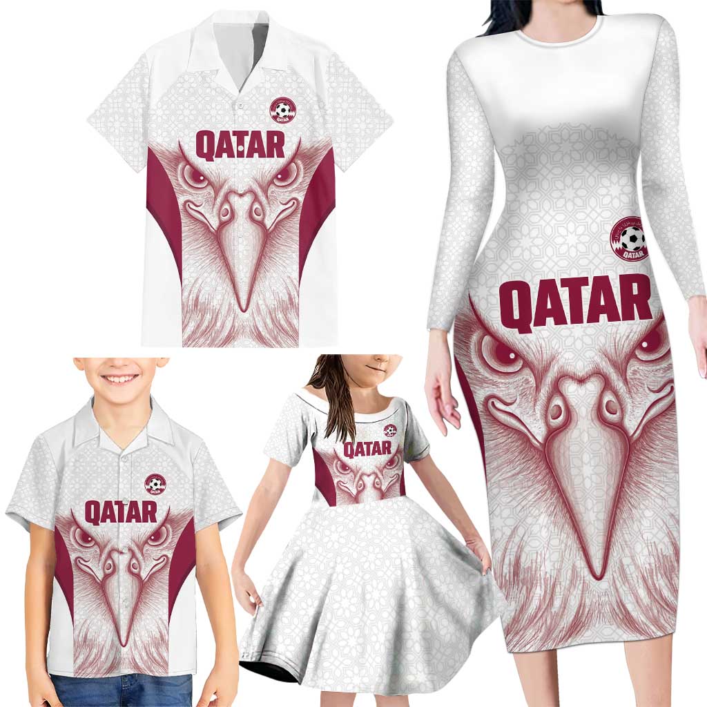 Custom Qatar Football Family Matching Long Sleeve Bodycon Dress and Hawaiian Shirt Maroon Falcon Spirit White Version - Wonder Print Shop