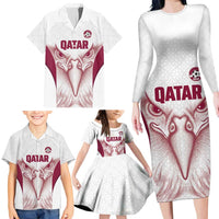 Custom Qatar Football Family Matching Long Sleeve Bodycon Dress and Hawaiian Shirt Maroon Falcon Spirit White Version - Wonder Print Shop