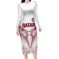 Custom Qatar Football Family Matching Long Sleeve Bodycon Dress and Hawaiian Shirt Maroon Falcon Spirit White Version - Wonder Print Shop