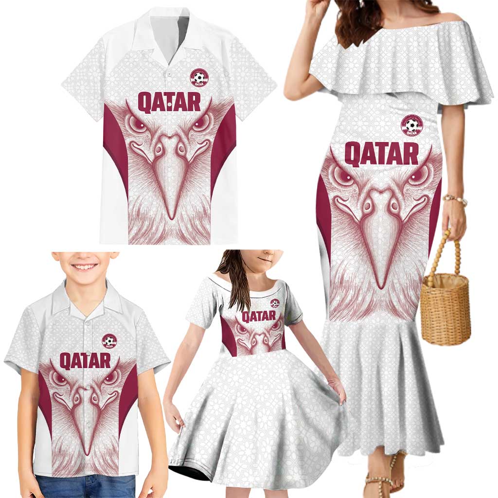 Custom Qatar Football Family Matching Mermaid Dress and Hawaiian Shirt Maroon Falcon Spirit White Version - Wonder Print Shop
