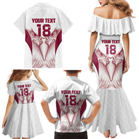 Custom Qatar Football Family Matching Mermaid Dress and Hawaiian Shirt Maroon Falcon Spirit White Version - Wonder Print Shop
