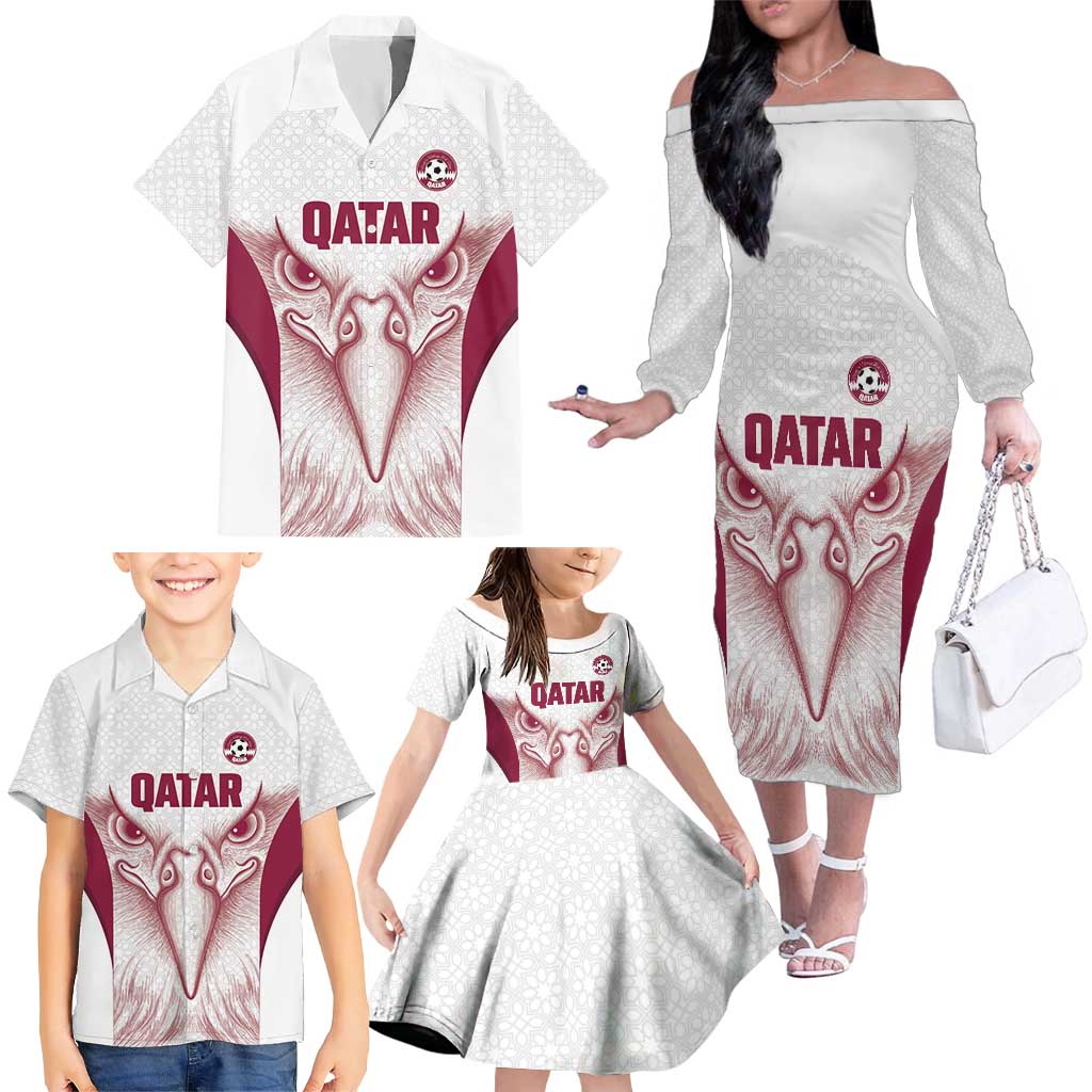 Custom Qatar Football Family Matching Off The Shoulder Long Sleeve Dress and Hawaiian Shirt Maroon Falcon Spirit White Version - Wonder Print Shop