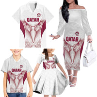 Custom Qatar Football Family Matching Off The Shoulder Long Sleeve Dress and Hawaiian Shirt Maroon Falcon Spirit White Version - Wonder Print Shop