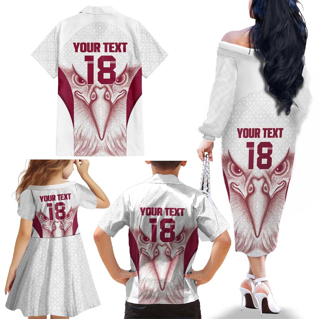 Custom Qatar Football Family Matching Off The Shoulder Long Sleeve Dress and Hawaiian Shirt Maroon Falcon Spirit White Version - Wonder Print Shop