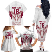 Custom Qatar Football Family Matching Off The Shoulder Long Sleeve Dress and Hawaiian Shirt Maroon Falcon Spirit White Version - Wonder Print Shop