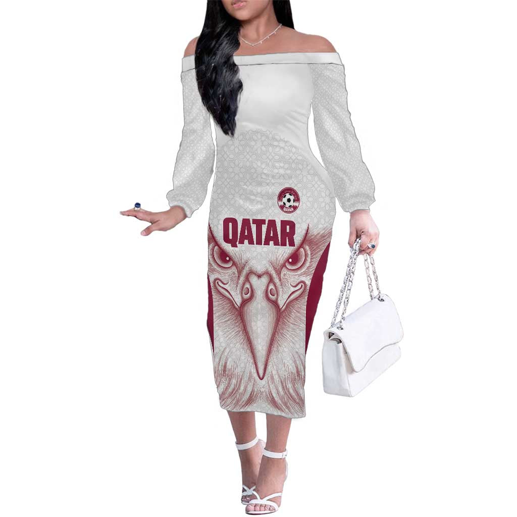 Custom Qatar Football Family Matching Off The Shoulder Long Sleeve Dress and Hawaiian Shirt Maroon Falcon Spirit White Version - Wonder Print Shop