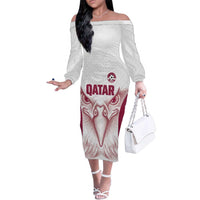 Custom Qatar Football Family Matching Off The Shoulder Long Sleeve Dress and Hawaiian Shirt Maroon Falcon Spirit White Version - Wonder Print Shop
